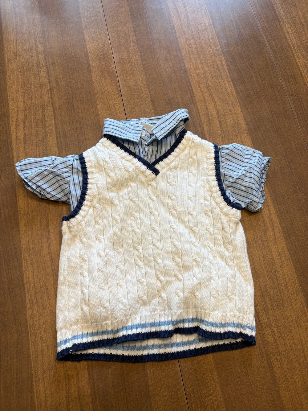 Toddler Cable Knit Sweater Vest with Blue Stripe Shirt